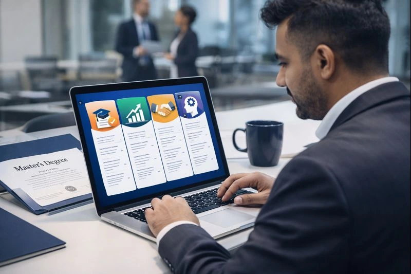 Persona revisando su computadora en una oficina.